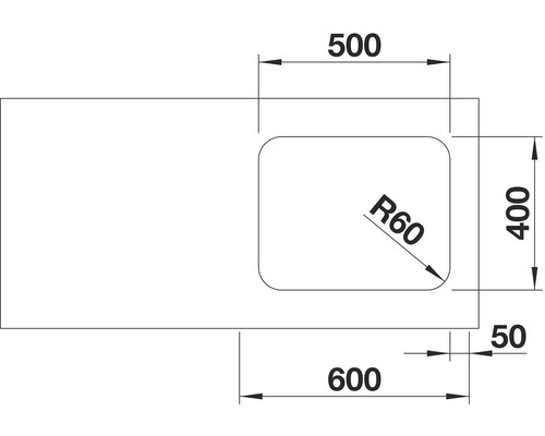 Skizze einer Waschtischplatte mit Beckenausschnitt und Maßangaben