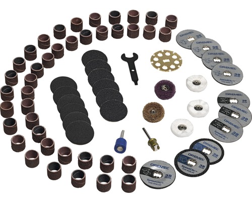 Dremel Zubehörsatz mit Schleifbändern, Trennscheiben, Polierscheiben und Dorn