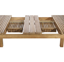 Table de jardin en bois déployée avec fonction d''extension.