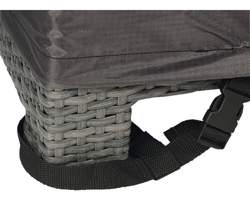 Vue détaillée d''une housse de protection pour meubles de jardin avec une sangle de fixation