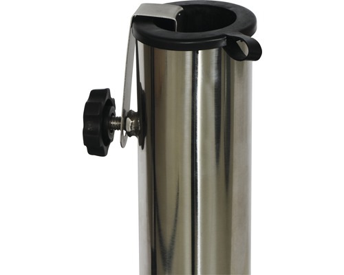 Vue détaillée d''un pied de parasol en acier inoxydable avec vis de blocage