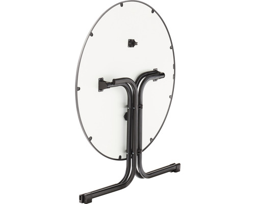 Table pliante ronde avec cadre métallique vue du dessous.