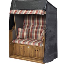 Strandkorb mit Holzrahmen, gestreiften Polstern und schwarzer Schutzhülle