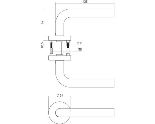 Schéma technique d''une poignée de porte avec indication des dimensions