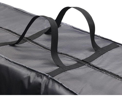 Detailaufnahme einer Aufbewahrungstasche mit Tragegriffen und Reißverschluss.