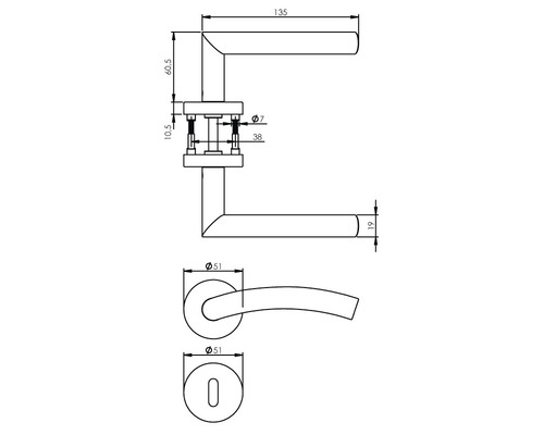 Schéma technique d''une poignée de porte avec dimensions