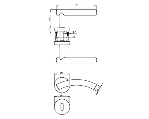Technische Zeichnung eines Türdrückers mit Maßangaben
