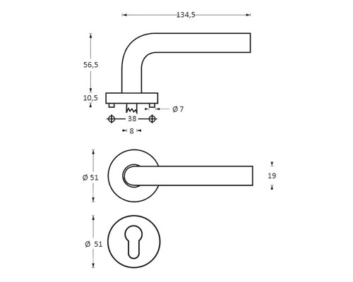 Schéma technique d''une poignée de porte avec rosace et cache-serrure avec indications de dimensions