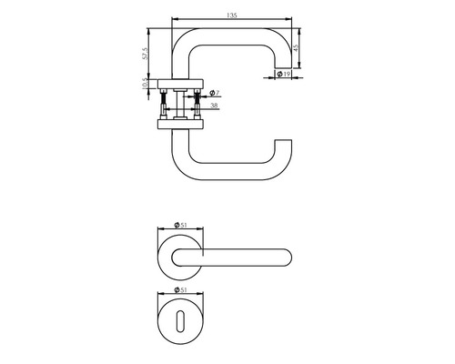 Technische Zeichnung eines Türgriffs mit Maßen