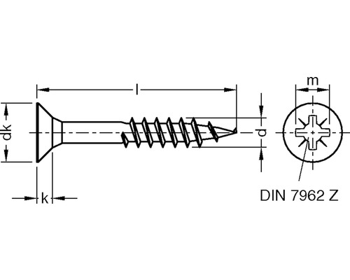 Technische Zeichnung einer Senkkopfschraube mit Maßen nach DIN 7962
