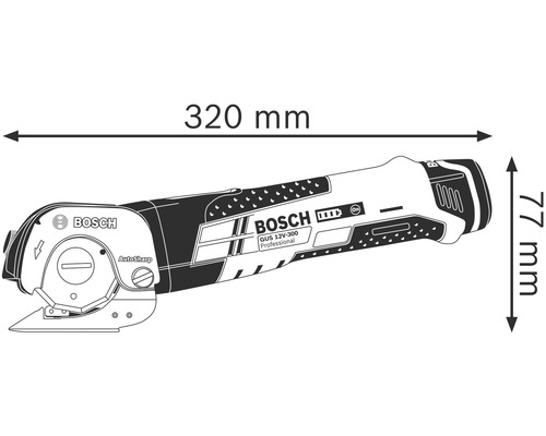 Cisailles universelles sans fil Bosch GUS 12V-300 Professional avec des dimensions de 320 mm de longueur et 77 mm de hauteur