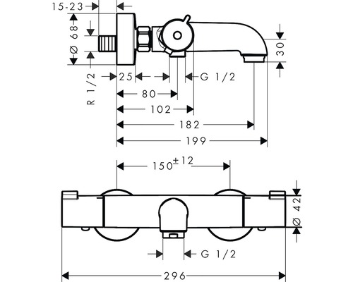 Schéma technique d''un robinet avec indications de dimension