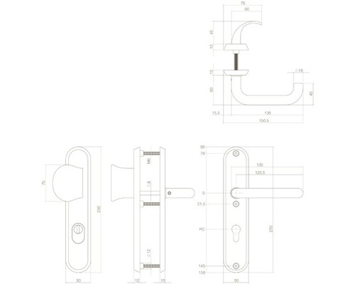 Schéma technique d''une poignée de porte avec dimensions
