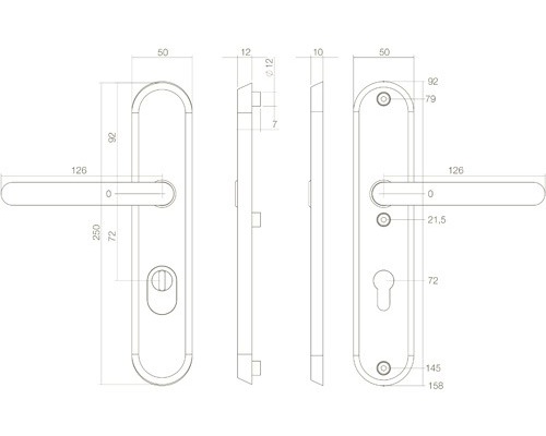 Technische Zeichnung eines Türbeschlags mit Maßangaben