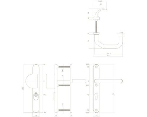 Technische Zeichnung eines Fenstergriffs mit Maßangaben