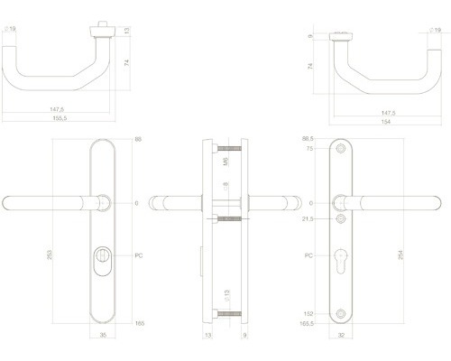 Technische Zeichnung eines Türgriffs mit Maßangaben