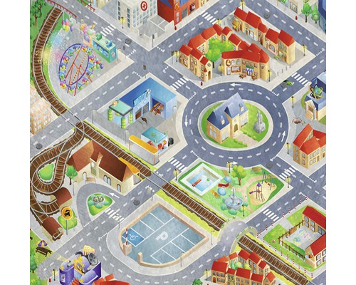 Illustration d''une ville avec des bâtiments, des rues, une voie ferrée et un parc d''attractions