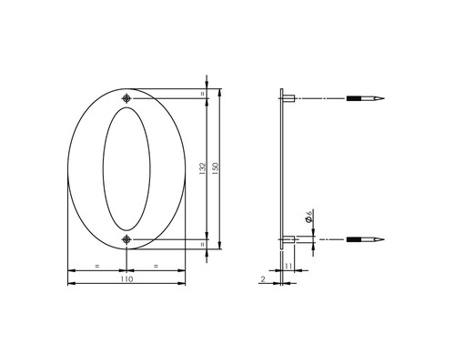 Technische Zeichnung der Hausnummer Null mit Maßangaben