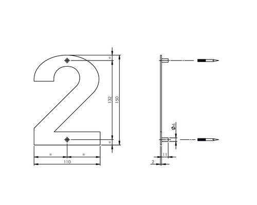 Technische Zeichnung der Hausnummer 2 mit Maßangaben