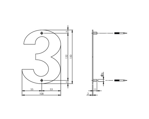 Technische Zeichnung Hausnummer 3 mit Maßangaben