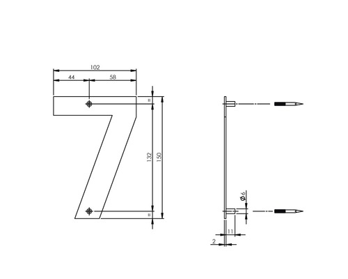 Technische Zeichnung der Hausnummer 7 mit Maßangaben
