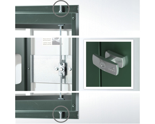Detailansicht eines Metallschranks mit Verriegelungsmechanismus und Griff