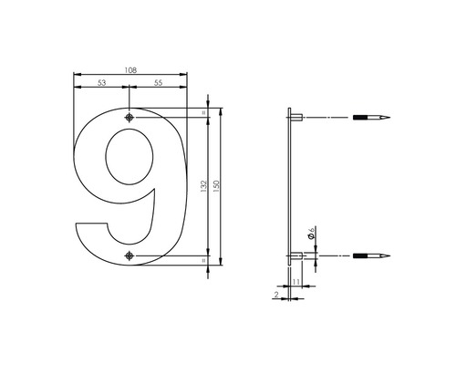 Technische Zeichnung Hausnummer 9 mit Maßangaben