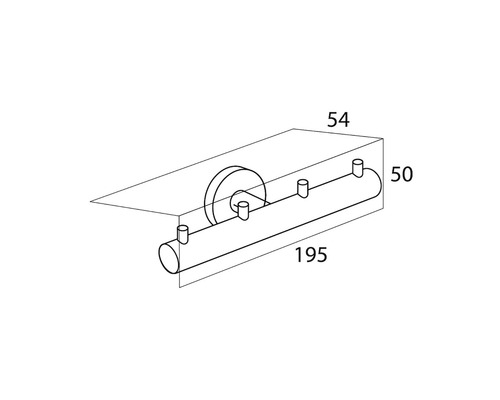 Schéma technique d''une étagère de salle de bain avec quatre crochets et indications de dimensions