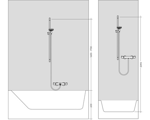 Technische Zeichnung einer Badewanne mit Duscharmatur und Maßangaben