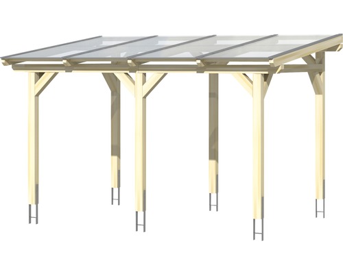 Carport en bois avec toit transparent et ancrages de poteau en H