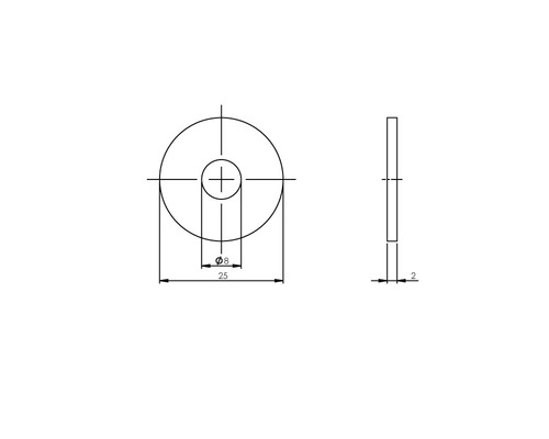 Technische Zeichnung einer Unterlegscheibe mit den Maßen 25 mm Durchmesser und 2 mm Dicke