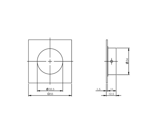 Technische Zeichnung eines quadratischen Abflussventils mit Abmessungen