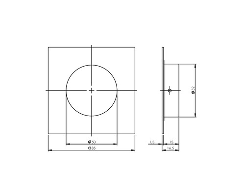 Technische Zeichnung einer quadratischen Abdeckung mit kreisförmiger Aussparung und Maßangaben