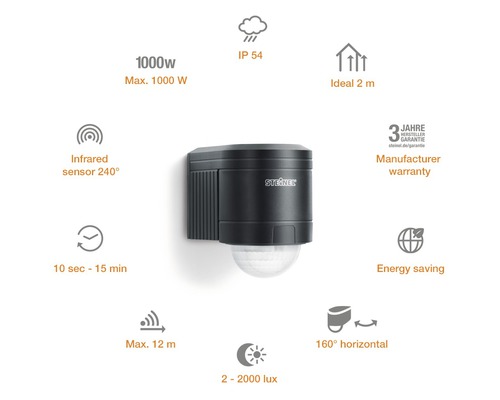 Détecteur de mouvement Steinel avec une puissance maximale de 1000 watts, indice de protection IP54, capteur infrarouge 240 degrés, réglable de 10 secondes à 15 minutes et une portée maximale de 12 mètres. Garantie fabricant.