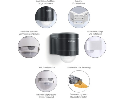 Steinel Bewegungsmelder mit Eckwandhalterung für einfache Installation und individuellen Erfassungsbereich