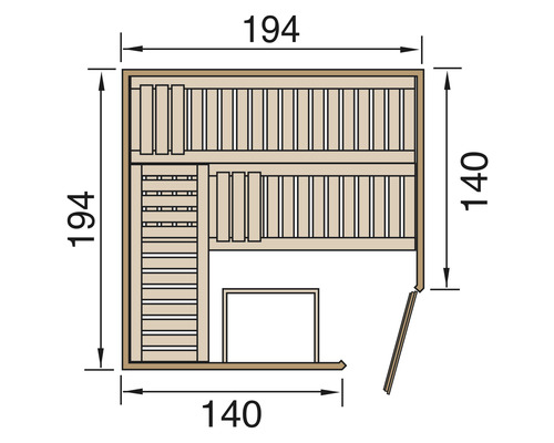 Plan d''une sauna mesurant 194 sur 140 centimètres.