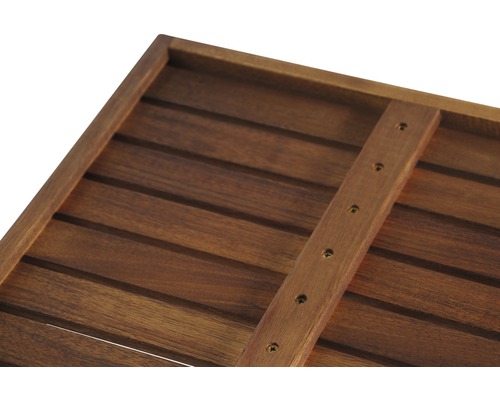 Vue détaillée d''un banc de jardin en bois avec des vis