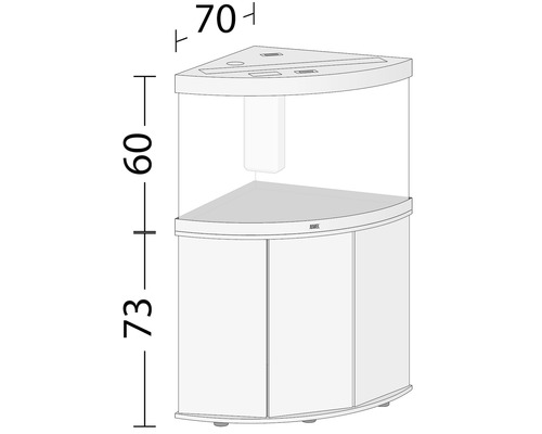 Aquarium d''angle avec meuble bas et indications de dimensions