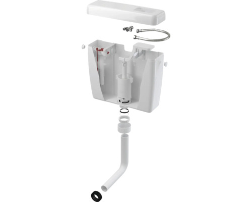 Réservoir de toilette en coupe montrant les mécanismes et composants internes