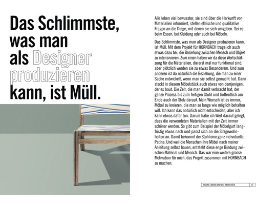 Abbildung eines Stuhls neben Text über Nachhaltigkeit und Design