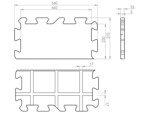 Technische Zeichnung einer Puzzleteppichfliese mit Maßangaben