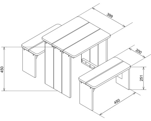 Technische Zeichnung eines Gartentisches mit Bänken und Maßangaben