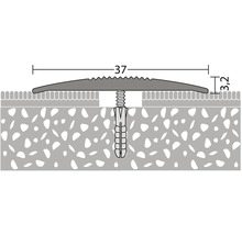Illustration eines Übergangsprofils mit Schraube und Dübel zur Montage zwischen zwei Bodenbelägen unterschiedlicher Höhe mit Maßangaben