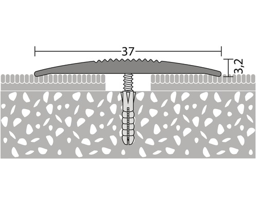 Illustration d''un profilé de transition avec vis et cheville pour montage entre deux revêtements de sol de différentes hauteurs avec indications de dimensions