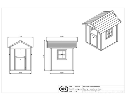 Schéma technique d''une cabane de jeu avec porte et fenêtres.