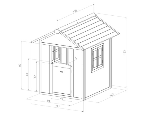 Technische Zeichnung eines Kinderspielhauses mit Maßangaben