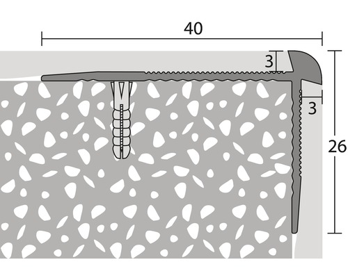 Illustration d''un profil de bordure d''escalier avec les dimensions 40, 3 et 26 millimètres