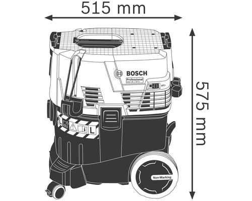 Dimensions de l''aspirateur Bosch : 515 mm de largeur et 575 mm de hauteur