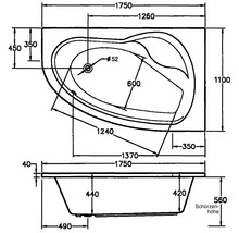Technische Zeichnung einer Badewanne mit Maßen