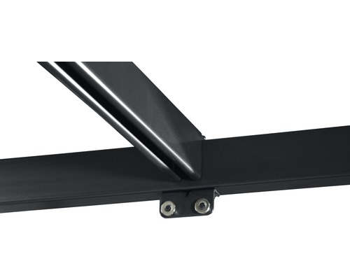 Detailansicht eines schwarzen Metallrahmens mit Schrauben